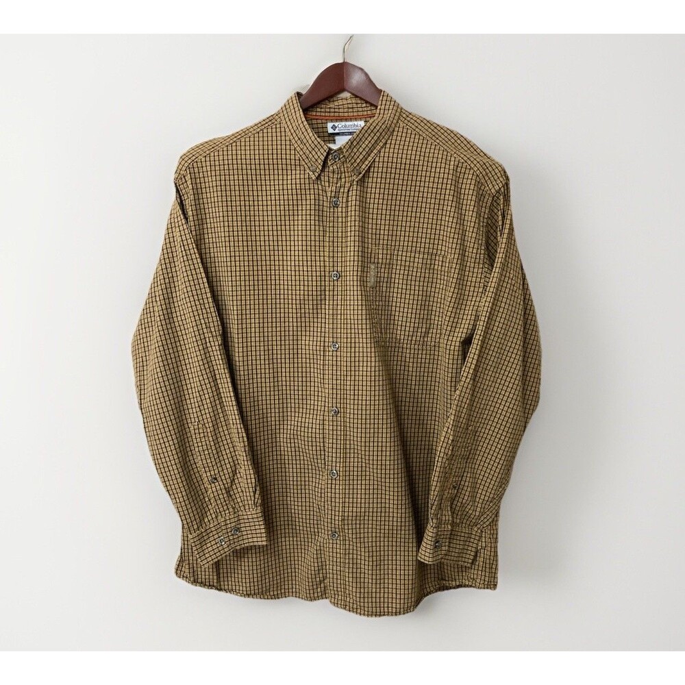 Vintage Columbia Men’s XL Tan Black Plaid Button Down Long Sleeve Hiking